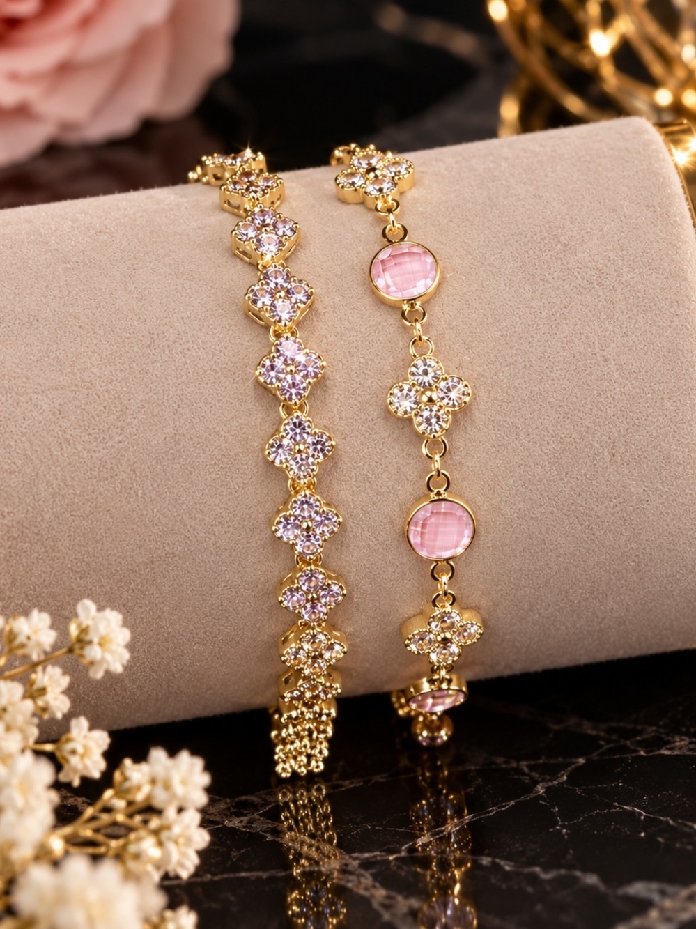 Gold-Tone Pink Crystal Bracelet Set - Elegant Fashion Jewelry